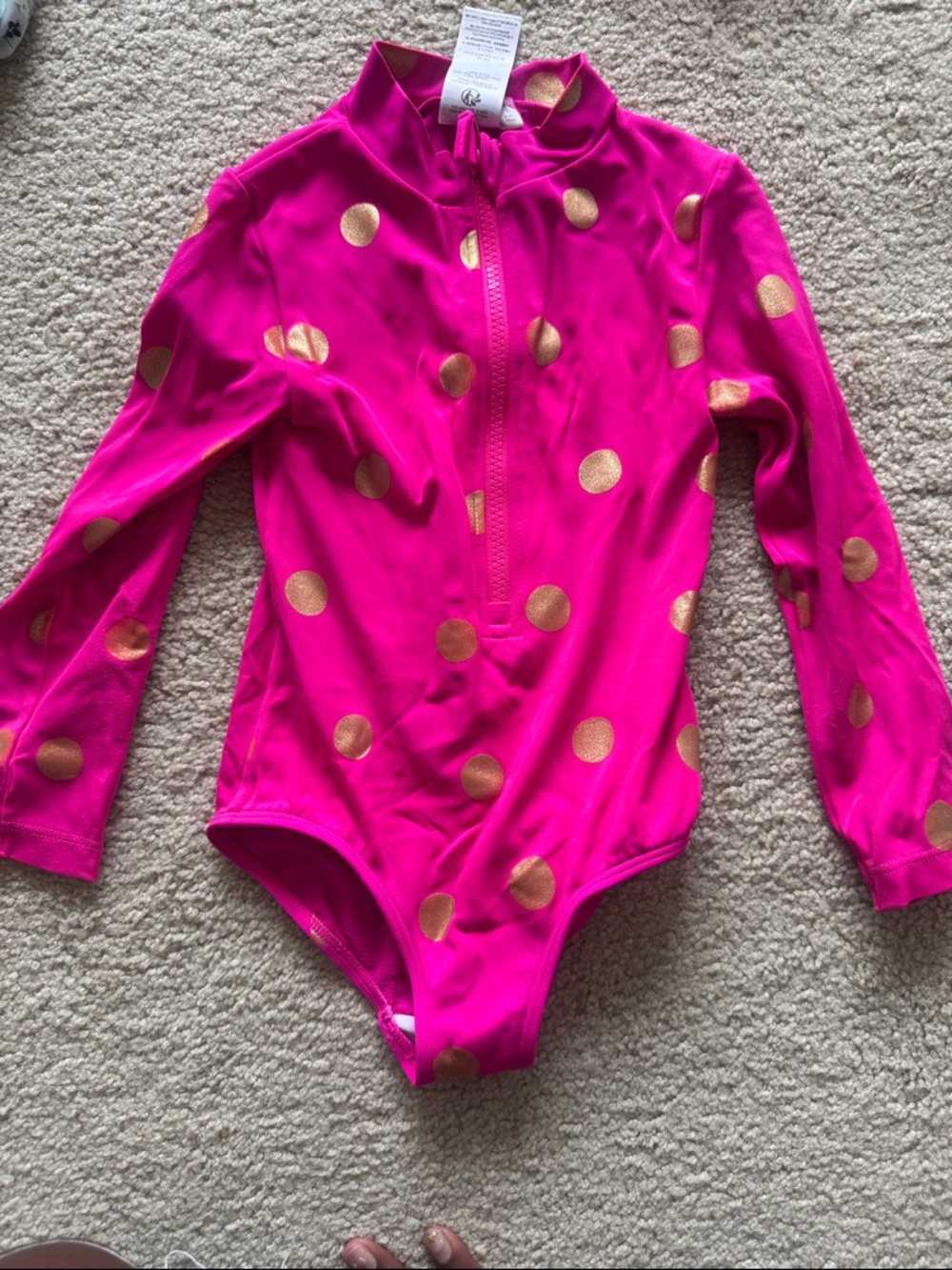 Mini Boden Hot Pink Long-Sleeve One-Piece Swimsuit with Gold Polka Dots